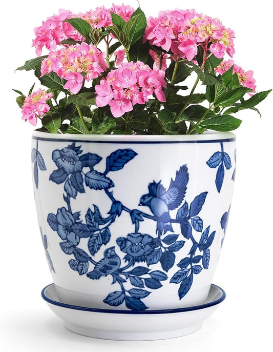 HakkaGirl 8 inch Ceramic Flower Pots, Chinoiserie Decor Ceramic Planter Plant Pots for Indoor Plants with Drainage and Saucer, Blue and White
