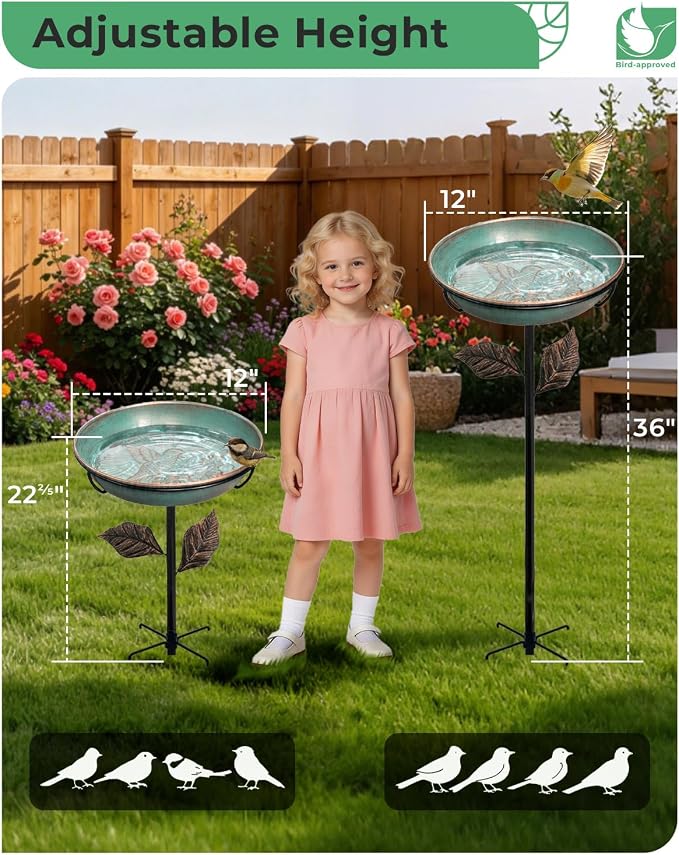 Metal Bird Bath for Outside 12" Bowl – Hummingbird Embossed Garden Birdbath with Stake | Removable Bowl, Rust Resistant Outdoor Water Bowl for Small Birds, 36" Yard Lawn Decor
