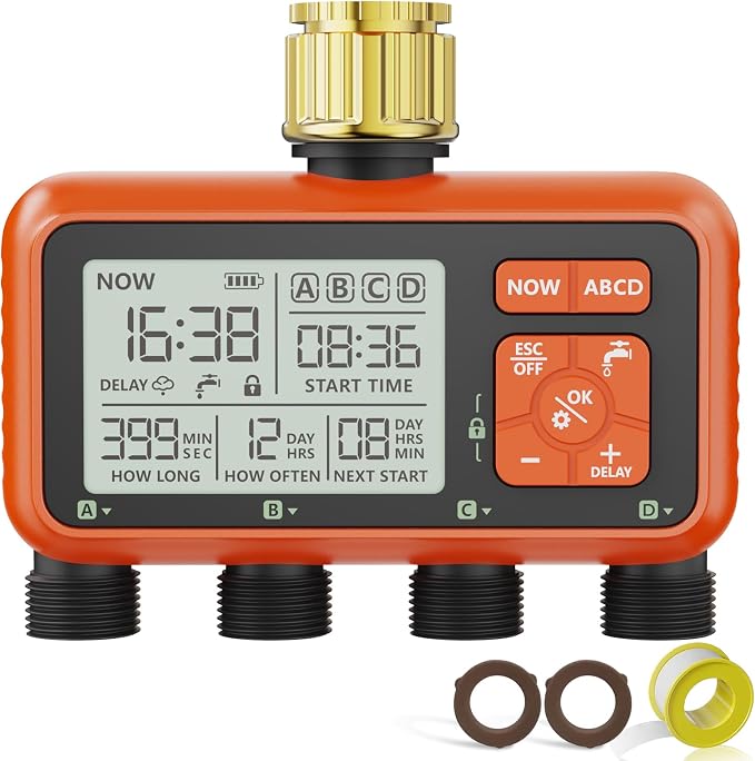 Sprinkler Timer 4 Zone with Brass Inlet Water Timer for Garden Hose Programmable Hose Faucet Controller with Independent Zone Control Custom Rain Delay Manual&Auto Watering Child Lock for Yard Lawn