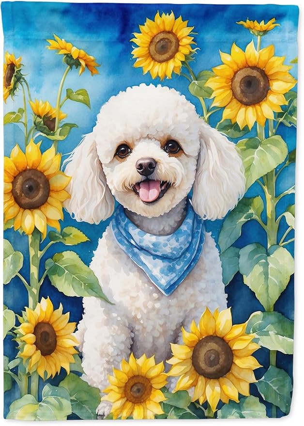 Caroline's Treasures DAC6141CHF White Poodle in Sunflowers House Flag Large Porch Sleeve Pole Decorative Outside Yard Banner Artwork Wall Hanging, Polyester, House Size, Multicolor