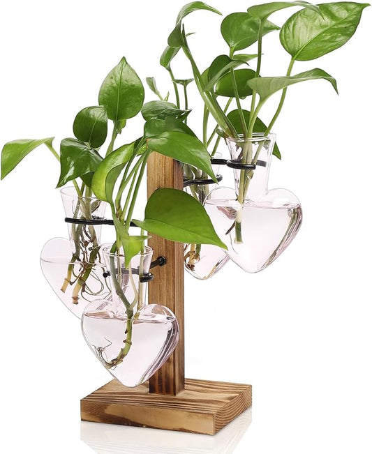 Plant Terrarium Propagation Stations with Wooden Stand | Glass Vase for Indoor Hydroponics Home Garden Office Decoration Gift for Women - 4 Love Bulb Vase
