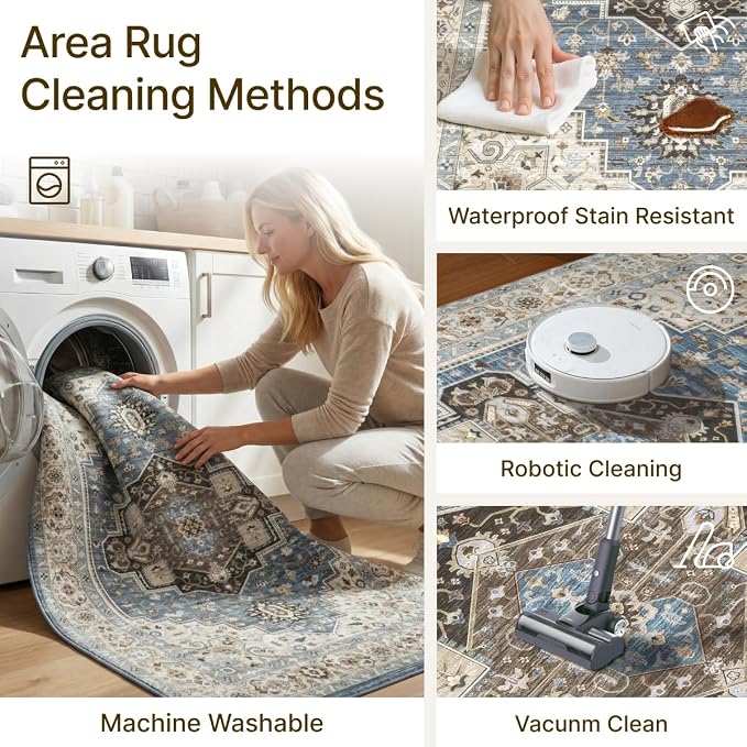 Washable 4'x6' Vintage Area Rug for Bedroom Living Room Blue | Farmhouse Carpet For Bedroom Kitchen Office Hallway Entryway Printed Pattern Non-Slip Soft Stain-Resistant Easy To Clean