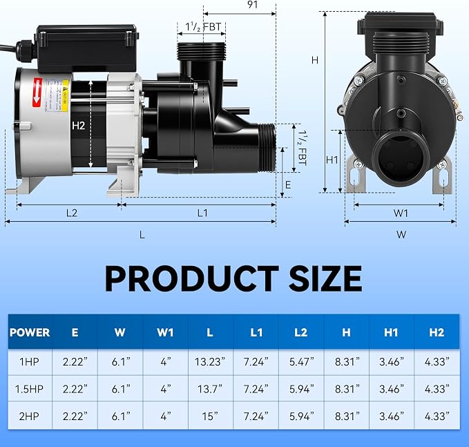 Mxmoonant SPA Pump, 2HP 110V Hot Tub SPA Circulation Pumps, Bathtub Pump | 54.13FT Hmax, 118.9GPM Qmax, Full Copper Motor, SPA Motor for Water Circulation 1.5" Plumbing (US Plug)