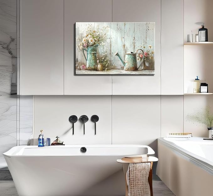 Farmhouse Flower Bathroom Canvas Wall Art Vintage Floral Decor Pictures White Daisy Flowers Watering Can Posters Prints for Bathroom Toilet Washroom Lavatory Home Decoration