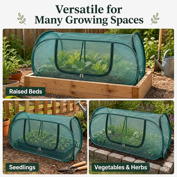 Pop Up Mesh Plant Cover for Outdoors, 33% Sunblock Garden Covers for Raised Beds, Breathable Garden Netting for Raised Beds with 4 Stakes (44 x 22 x 17.5 in)-Green/1