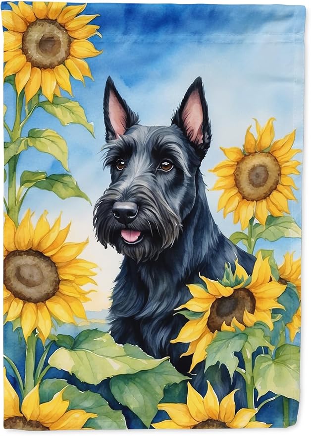 Caroline's Treasures DAC6158CHF Scottish Terrier in Sunflowers House Flag Large Porch Sleeve Pole Decorative Outside Yard Banner Artwork Wall Hanging, Polyester, House Size, Multicolor