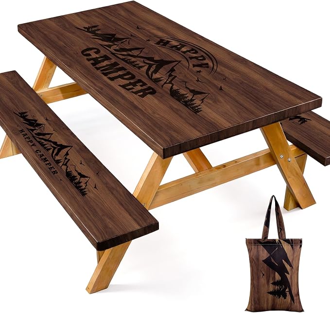 Dntorx Picnic Table Cover with Bench Covers, 72 in, Brown | Waterproof, Windproof, Elastic Edges Fitted, Rectangle Tables and Seats, RV Gear Campers