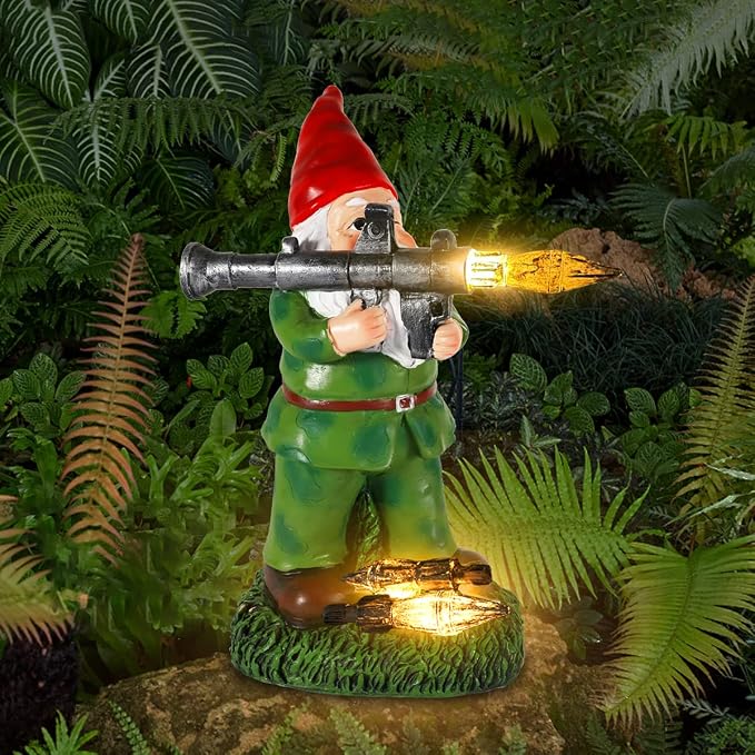 Solar Military Garden Gnome Statue with RPG, Large War Army Combat Defender Soldier Patriotic Gnome Figurine with Gun, Outdoor Patio Yard Lawn Home Ornament Decor, Valentine's Day Men Gift