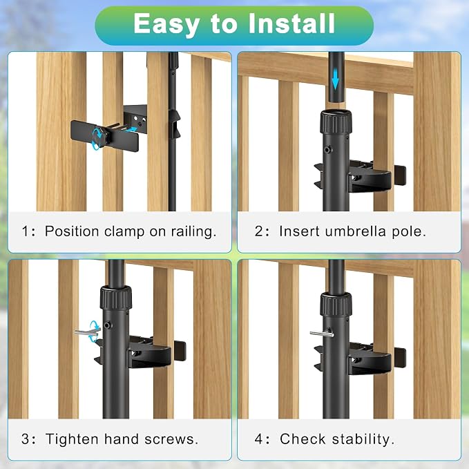 Dolibest Heavy-Duty Railing Umbrella Mount, Fits 1“-1.9” Poles, All-Welded Steel Mount Umbrella Holder with Sleeves, Space-Saving Deck Umbrella Holder, Outdoor Shade Holder for Porch & Patio, Black