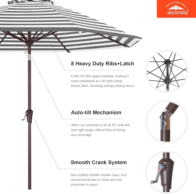 ABCCANOPY OLEFIN® 5-Year No Fading 9FT Patio Umbrella, Outdoor Table Umbrella with 8 Sturdy Ribs for Deck, Backyard, Yard (Gray Stripe)