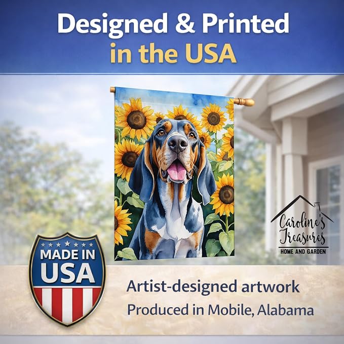 Caroline's Treasures DAC6007CHF American English Coonhound in Sunflowers House Flag Large Porch Sleeve Pole Decorative Outside Yard Banner Artwork Wall Hanging, Polyester, House Size, Multicolor
