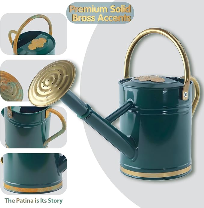 1 Gallon Green Metal Watering Can with Solid Brass Details, Removable Watering Rose, Decorative Garden Can for Indoor Plants, Patio and Greenhouse