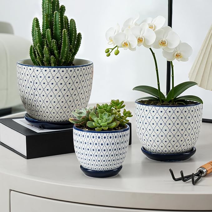 Ceramic Plant Pots - 3.5+4.6+5.6 Inch Flower Pots for Indoor Plants - Planters with Drainage Holes and Saucers Orchid, Herbs, Succulent, Cactus, Home Decor, Set of 3, Vintage Blue, Star