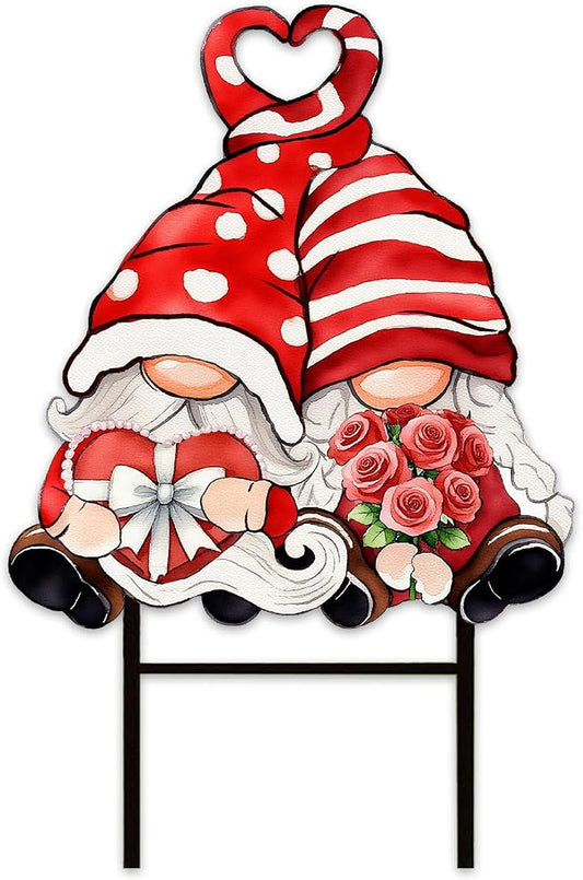 JarThenaAMCS Valentine' s Day Metal Garden Stake Welcome Yard Sign Red Love Gnome Decorative Lawn Sign for Wedding Anniversary Home Outside Lawn Porch Walkway Decor
