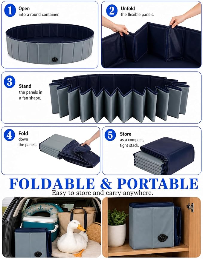 Foldable Duck Pool: Portable Hard Shell Duck Pond for Ducks Dogs Cats 39.4x11.8 Inch Collapsible Pet Bath Tub Indoor Outdoor Use (Gray and Dark Blue, 100in*30in)