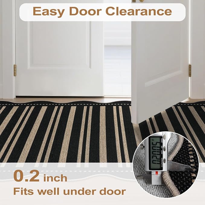 Striped Easy Jute Front Door Mat, 2.6x4 Washable Entryway Rug Non Slip Small Kitchen Rug, Farmhouse Low Pile Floor Scalloped Rugs for Bathroom Porch Doorway