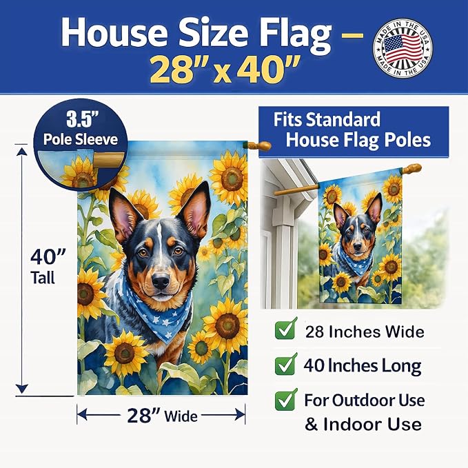 Caroline's Treasures DAC6013CHF Australian Cattle Dog in Sunflowers House Flag Large Porch Sleeve Pole Decorative Outside Yard Banner Artwork Wall Hanging, Polyester, House Size, Multicolor