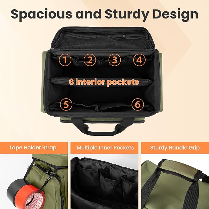VJI Heavy Duty Tool Bag with Multi-Pockets, Portable Storage Bag with Large Zipper, Carrying Toolbag with Adjustable Shoulder Strap and Ergonomic Handle, Repairman, Carpenters, Handyman, Green
