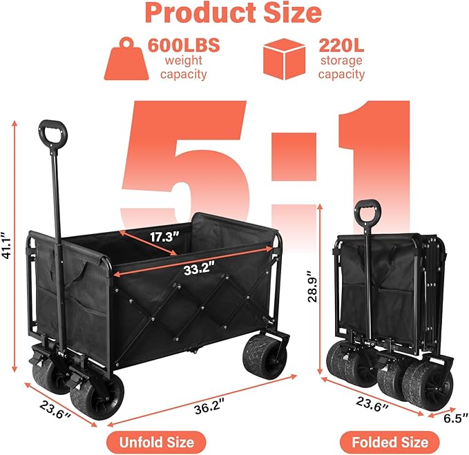 Collapsible Wagon Cart with All-Terrain Wheels - Folding Utility 600LBS Heavy Duty Wagons Carts for Grocery Sports Garden Shopping Camping Fishing (Black, 220L)