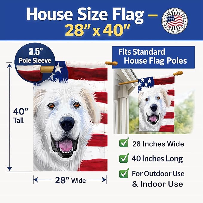Caroline's Treasures CK6547CHF Great Pyrenees Dog American Flag House Flag Large Porch Sleeve Pole Decorative Outside Yard Banner Artwork Wall Hanging, Polyester, House Size, Multicolor