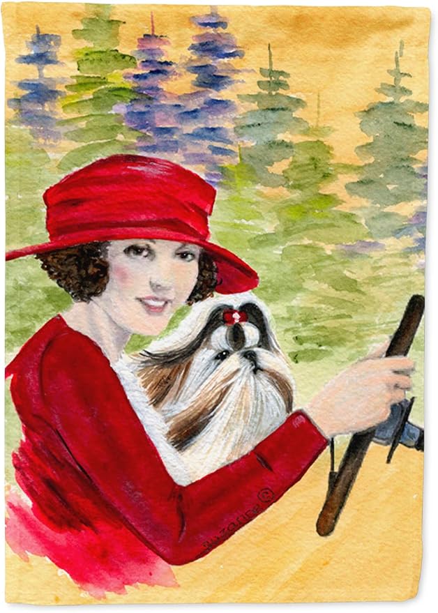 Caroline's Treasures SS8539GF Lady driving with her Shih Tzu Garden Flag Mailbox Flag Decorative Yard Flag Banner Outside Patio Artwork Yard Flower Beds, Garden Size, Multicolor