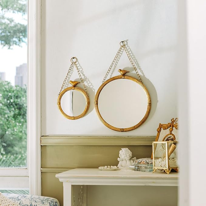 NIKKY HOME 6.7 Inch Decorative Small Hanging Mirrors Vintage Round Metal Framed Wall Mounted Mirror Decor with Bird for Bathroom Living Room Office, Rustic Gold
