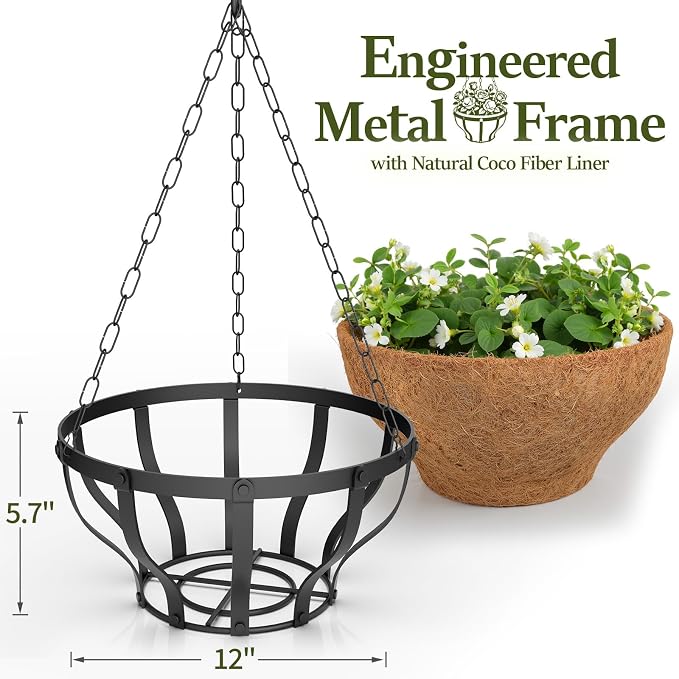 VOXOR Metal Hanging Baskets for Plants, Heavy Duty Wrought Iron Hanging Baskets with Coco Liner & Reinforced Chain, Ideal for Garden, Patio & Porch Decoration (3 Pack, 12 Inch)