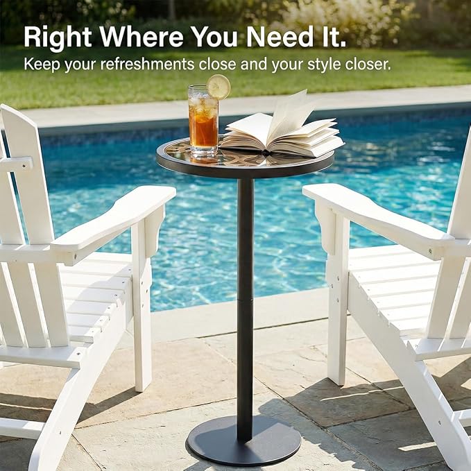 Black Drink Table, Indoor Outdoor Small Round Side Table with Tempered Glass & Vintage Scroll Design, 24.7" Pedestal End Table for Living Room, Patio, Balcony, Industrial Modern Accent Table