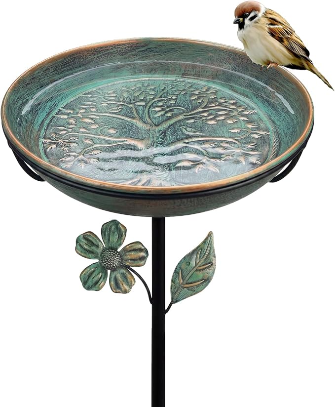 Metal Bird Bath for Outside 12" Tree of Life Birdbath Bowl with Stake | Adjustable Height Vintage Outdoor Bird Bath | Rust Resistant Easy to Clean for Garden Yard Lawn Decor Decor, Green
