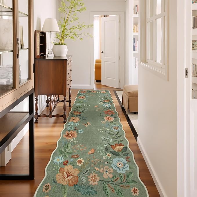 Lahome Floral Hallway Runner Rug Non Slip, 2'6''x10' Washable Runner Rug | Soft Kitchen Runners for Hallways, Distressed Carpet for Entryway Bathroom Flore (Green)