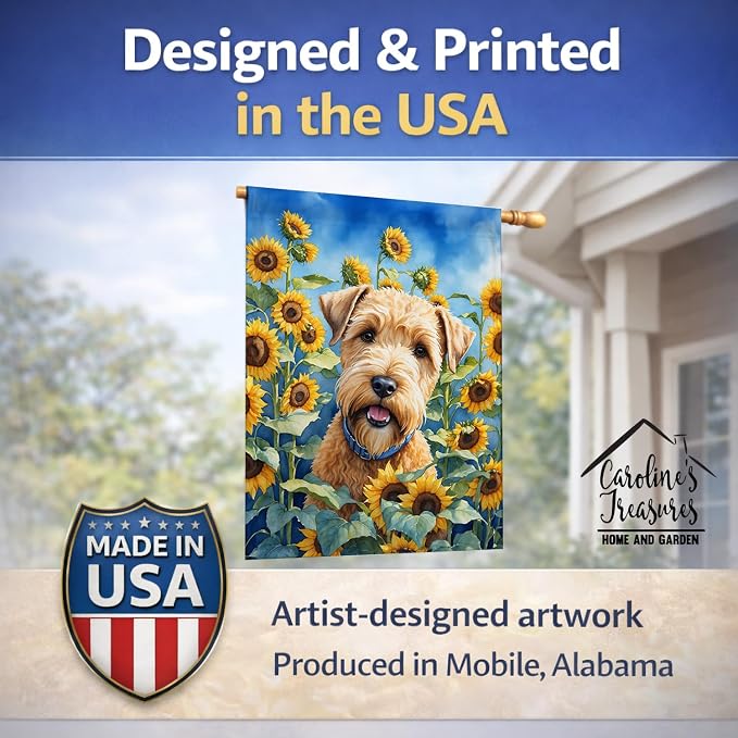 Caroline's Treasures DAC6175CHF Wheaten Terrier in Sunflowers House Flag Large Porch Sleeve Pole Decorative Outside Yard Banner Artwork Wall Hanging, Polyester, House Size, Multicolor
