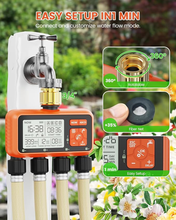 Sprinkler Timer 4 Zone with Brass Inlet Water Timer for Garden Hose Programmable Hose Faucet Controller with Independent Zone Control Custom Rain Delay Manual&Auto Watering Child Lock for Yard Lawn