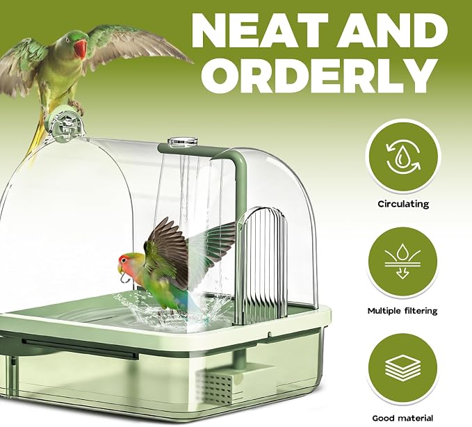 Automatic Bird Baths for Cage,Automatic Parakeet Bath with Pump, Filter,Indoor Bird Shower with Running Water,for Pet Birds Conure Budgies Cockatiels Lovebird(Green)