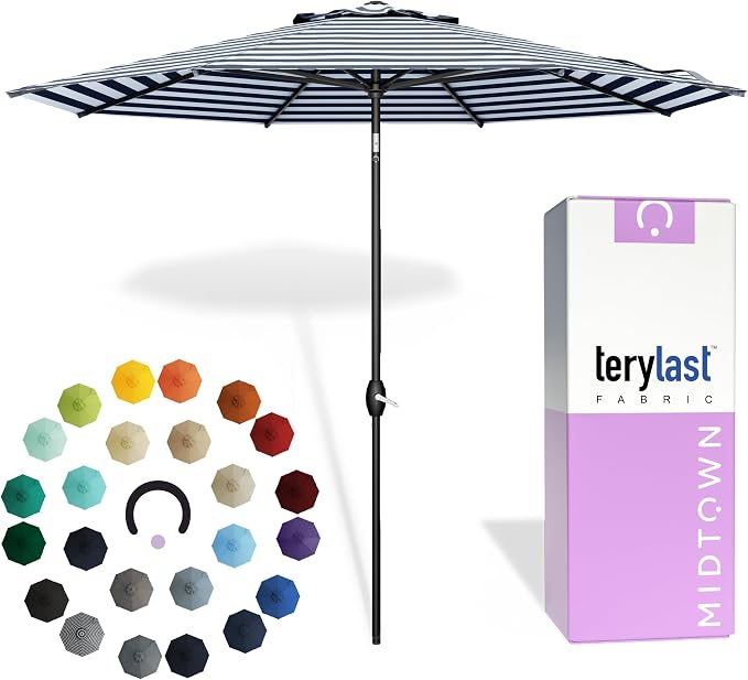 Midtown Umbrellas - 10-Year-No-Fade 6 Ft Patio Umbrella with Terylast Fabric, Auto-Tilt Aluminum Frame and 8 Reinforced Ribs for Deck, Pool, Garden & Beach - Navy/White Stripe Canopy, Black Pole