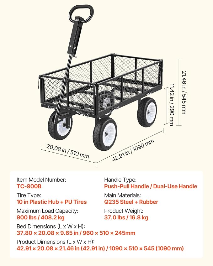 VEVOR 900 LBS Steel Garden Cart, 2 in 1 Handle, Heavy Duty Pullable Garden Wagon with 10" Flat-Free Tires, Outdoor Utility Yard Wagon Cart with Detachable Side Panels, Attach to ATV or Tractor