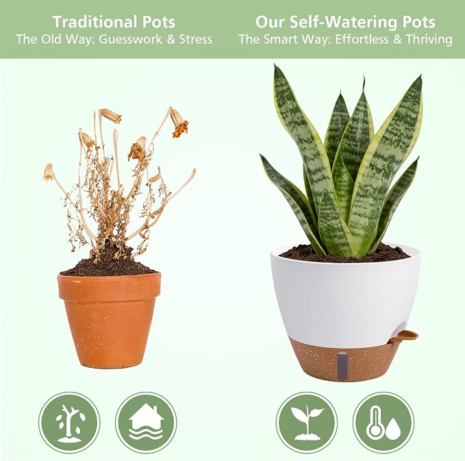 Self Watering Pots with Water Level Indicator, 12" 10" 9" 8" Large Plastic Flower Pots with Mesh Drainage Hole and Removable Saucer Reservoir for Indoor Outdoor Plants (White)
