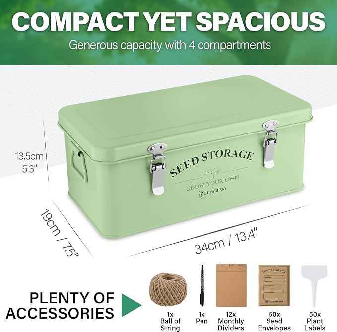 Seed Storage Box Organiser – Green Garden Seeds Tin with Lid, Side Handles, 4 Compartments & Safety Lock – Seed Packet Container for Gardeners – Gardening Gift Idea with Over 100 Accessories | Seed Tin with Lid, Handles, 4 Sections & Safety Lock, Over ...