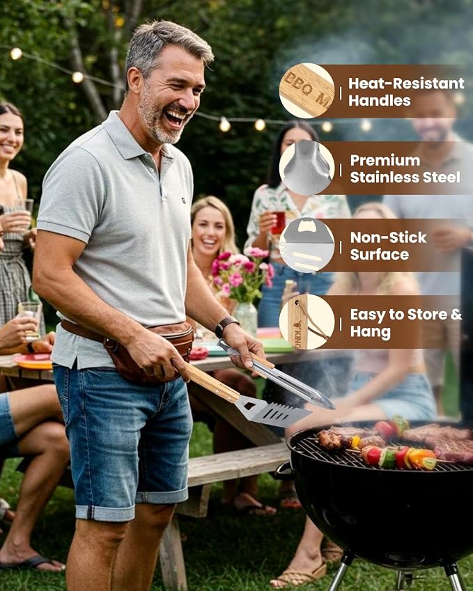 4PCS Grilling Accessories BBQ Tools - Stainless Steel Grill Set with Tongs, Fork, Spatula, Brush, Carrying Bag, Birthday for Men, Father, Husband