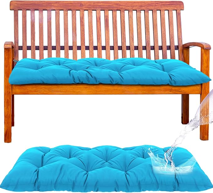 Wenqik Outdoor Bench Cushion 59 x 20 x 4 Inch Waterproof Patio Swing Cushion with Removable Zippered Cover Adjustable Ties Seat Pad for Porch Bench Garden Loveseat (Lake Blue, Classic)