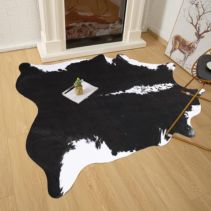 AROGAN Premium Faux Cowhide Rug 158 x 140 cm/5.2 x 4.6 feet, Durable and Large Size Cow Print Rugs, Suitable for Bedroom Living Room Western Decor, Faux Fur Animal Cow Hide Carpet, Black | Premium Cow Hide Carpet, Western Rug for Bedroom Living Room De...
