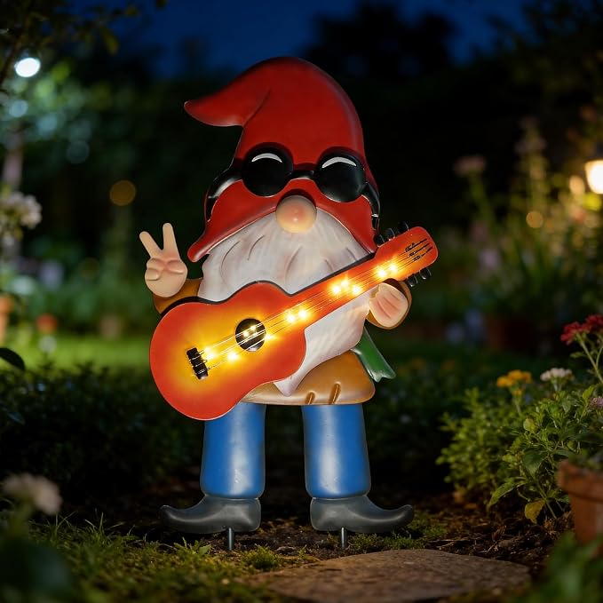 28" Solar Garden Gnome Decor with Light Up Guitar - Outdoor Decorative Stake for Patio, Yard & Lawn | Unique Rock Music Gnome Decor