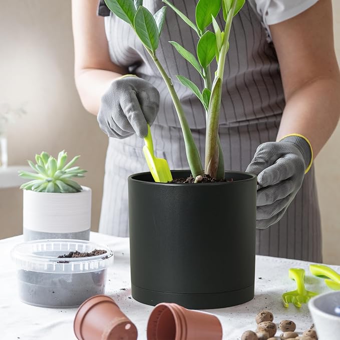 WSMKSZ 8 Inch Medium Plant Pots for Indoor Outdoor Plants, Cylinder Deep Flower Pots with Drainage Holes & Saucer, Decorative Plastic Planter Pots for Garden House Plants, Black