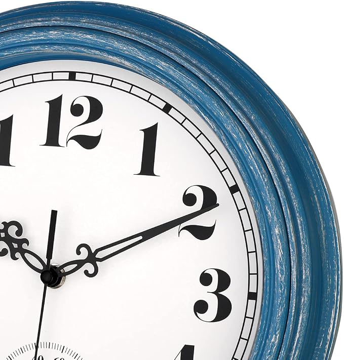 zyzamay 12 Inch Indoor Outdoor Clocks,Waterproof Wall Clock with Thermometer,Easy to Read,Non-Ticking Battery Operated Quality Quartz Clock, Decorative for Patio,Porch,Pool,Bathroom,Deck(Blue)