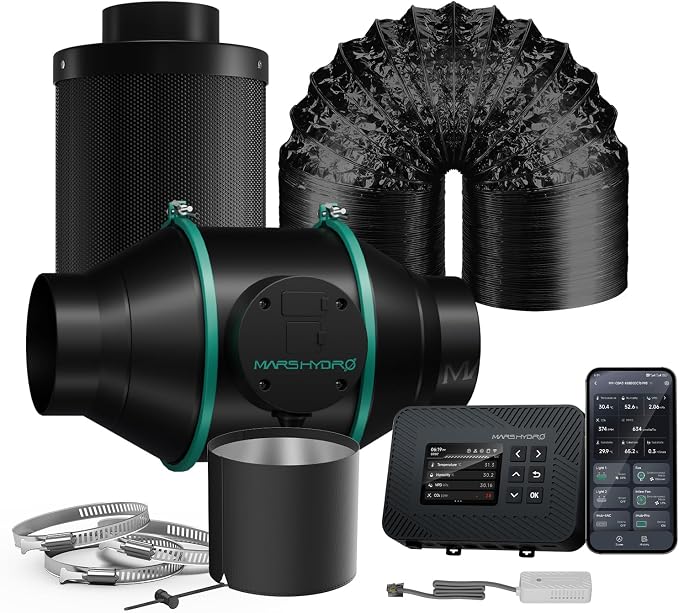 MARS HYDRO 4" Grow Tent Exhaust Fan kit with T&H iControl Controller | Air Filtration, App Remote Control,Ventilation System with Inline Fan,Carbon Filter,13ft Ducting
