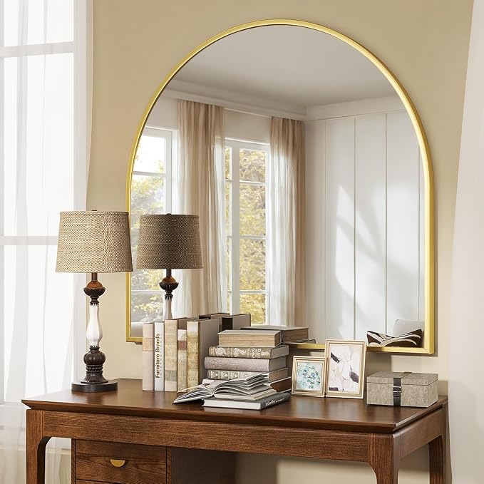 Wide Arched Wall Mirror, 31 x 32 inch Arch Bathroom Mirror Gold | Wall Mounted Bathroom Vanity Mirror with Arch Metal Frame, Modern Room Decor for Bedroom, Entryway, Hanging or Leaning