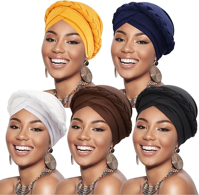DRESHOW African Women Turban Caps Beanie Twist Headscarf Pre-Tied Twisted Braid Headwraps for Women Chemo Cancer Cap