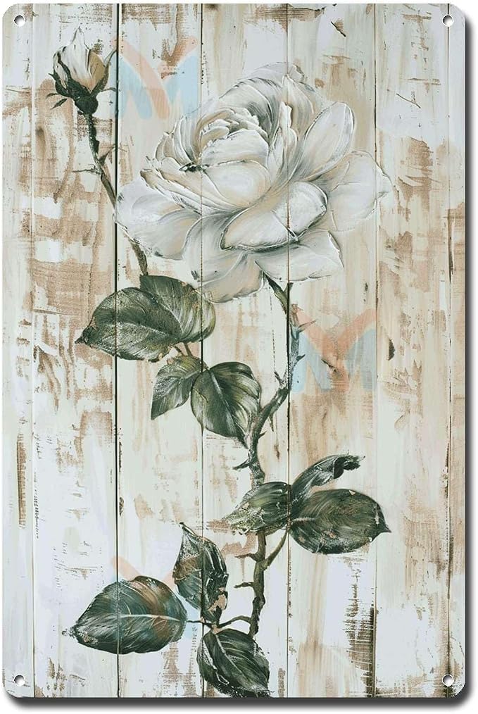 Metal Sign Tin Sign Vintage Wall Art Shabby Chic Rose Tin Sign for Antique Style Decor Rustic Wall Art and White Rose Admirers Wall Art for Pub 12×16 Inches