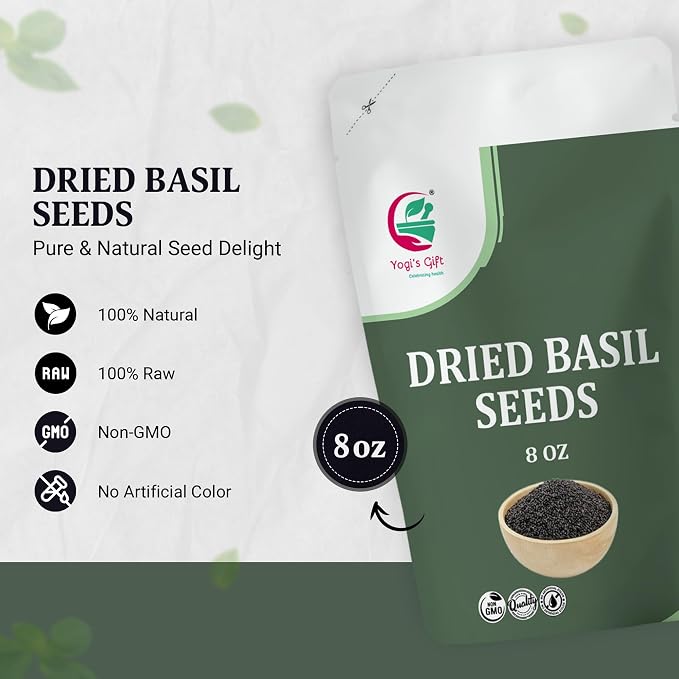 Dried Basil Seeds 8 oz – Sabja/Tukmaria Basil Seeds For Eating – Sweet Basil Seeds for Drinks, Desserts & Daily Use – By Yogi’s Gift®