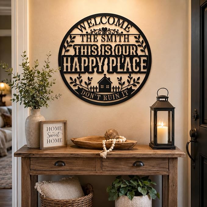 Personalized This Is My Happy Place Metal Sign Custom Family Name Sign Farmhouse Wall Decor Welcome Sign for Front Porch Living Room Backyard Housewarming Gift