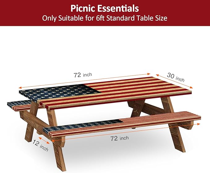 Picnic Table Cover with Bench Covers 6FT 3PCS, Camping Essentials Waterproof Windproof Tablecloth with Drawstring Bag, Fitted Rectangle Tables and Seats, 72", US Flag